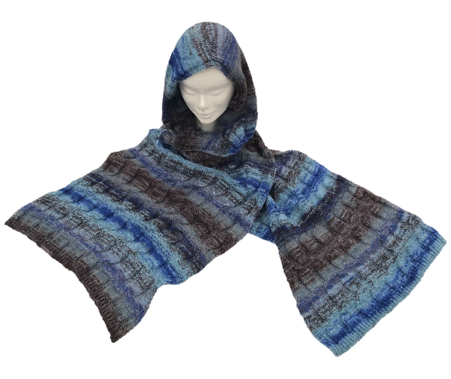 Hooded scarf knitted with printed and designed stocking stitch 100%Made in Italy