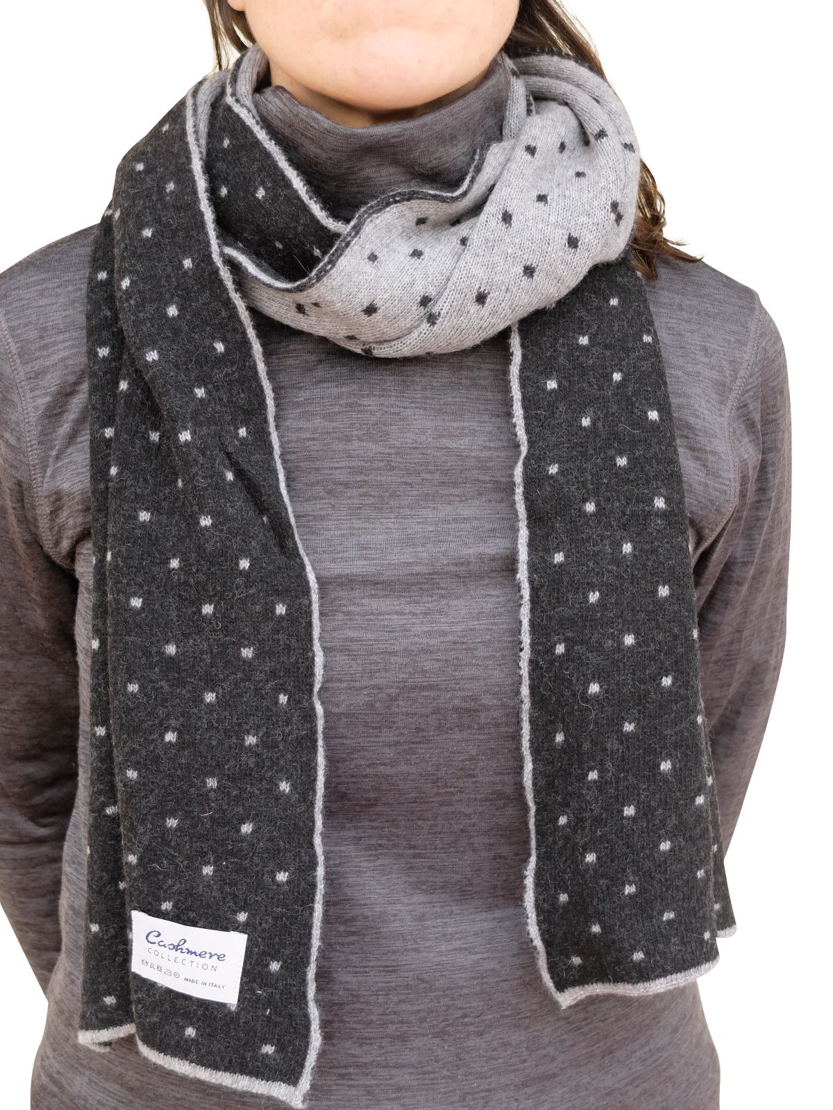 Sciarpa misto cashmere double face bicolor con fantasia pois piccoli Made in Italy qualità 100% italiana - immagine 3